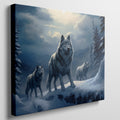 Framed canvas print of a wolf pack under a moonlit sky in a snowy forest