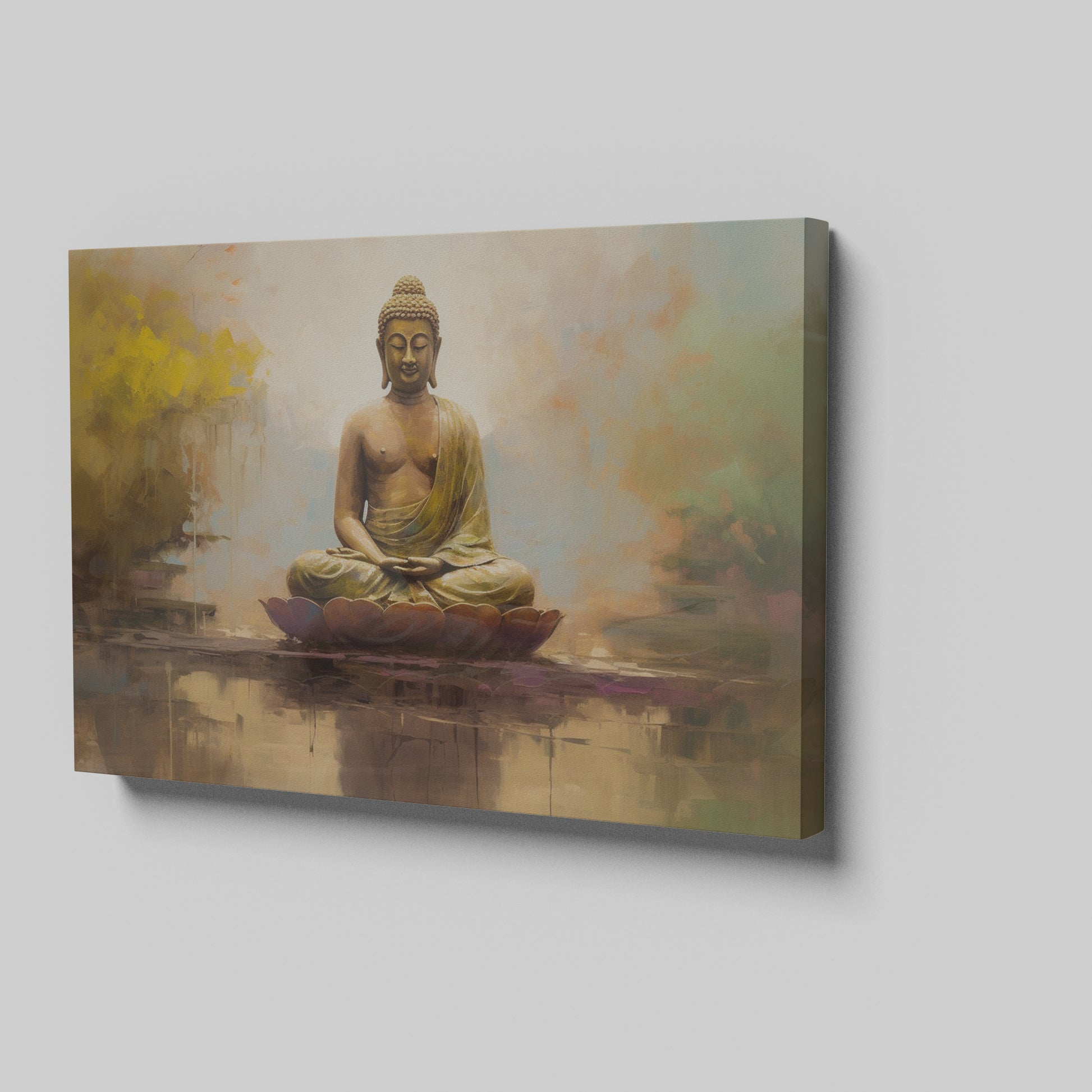 Framed canvas print of serene meditating Buddha in golden hues with reflective background