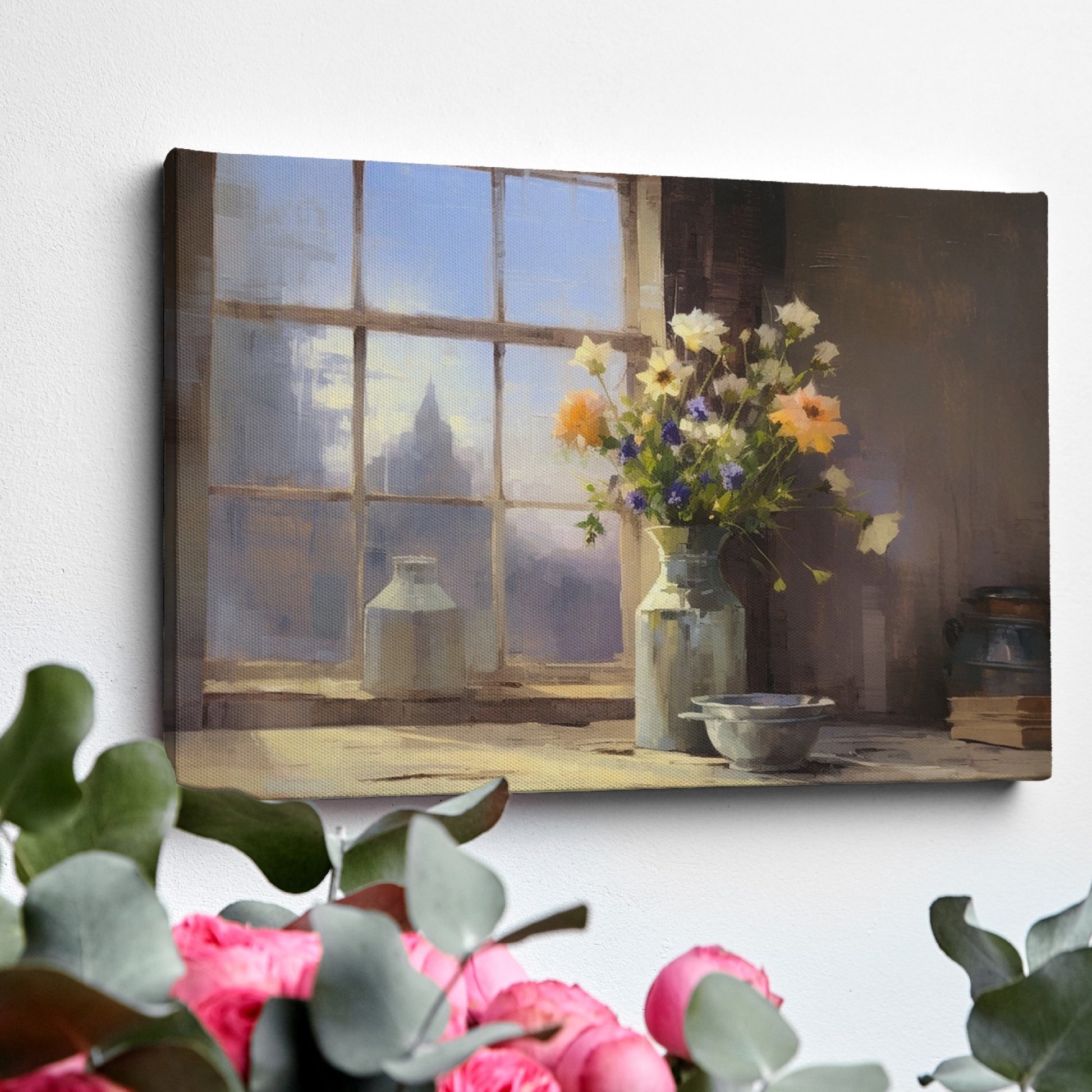 Framed canvas print of a rustic wildflower bouquet on a window sill, with soft morning light