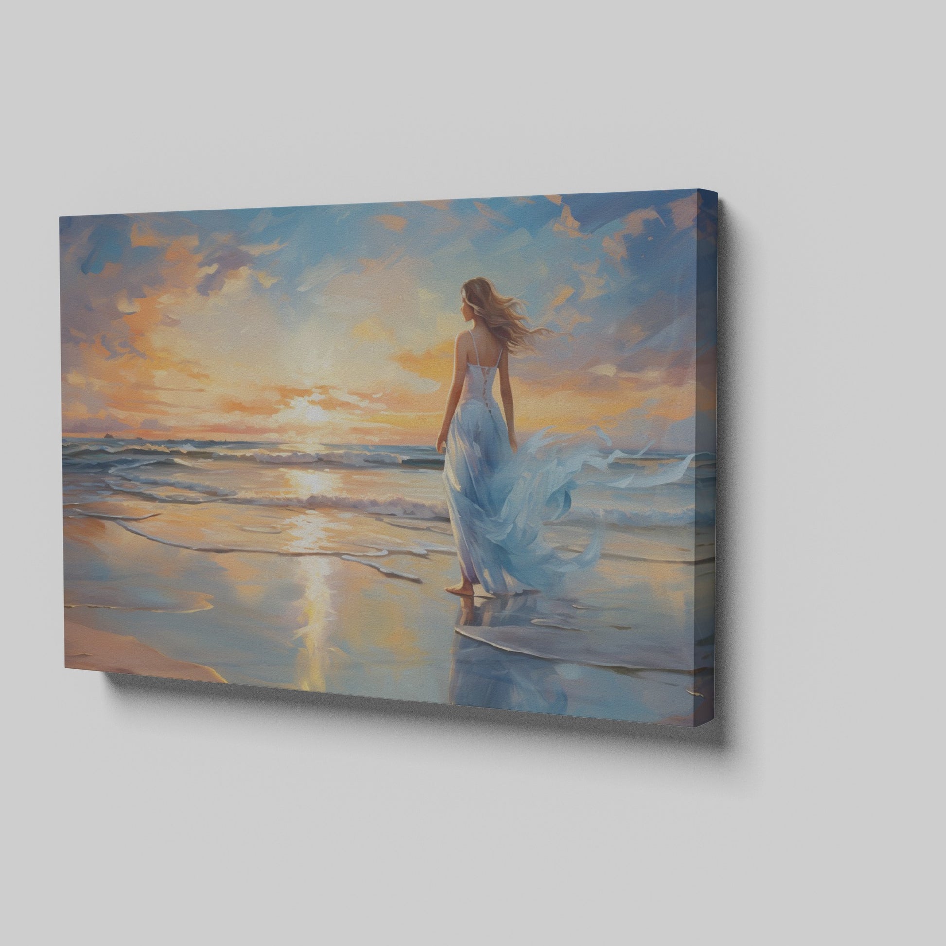 Framed canvas print of a woman in an elegant dress at sunset on a beach, with vibrant reflection in water