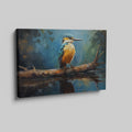 Framed canvas print of a Kingfisher bird with vibrant blue and orange plumage, perched on a branch over reflective water