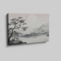 Framed canvas print of a monochrome Oriental ink wash landscape with misty mountains and a tree silhouette