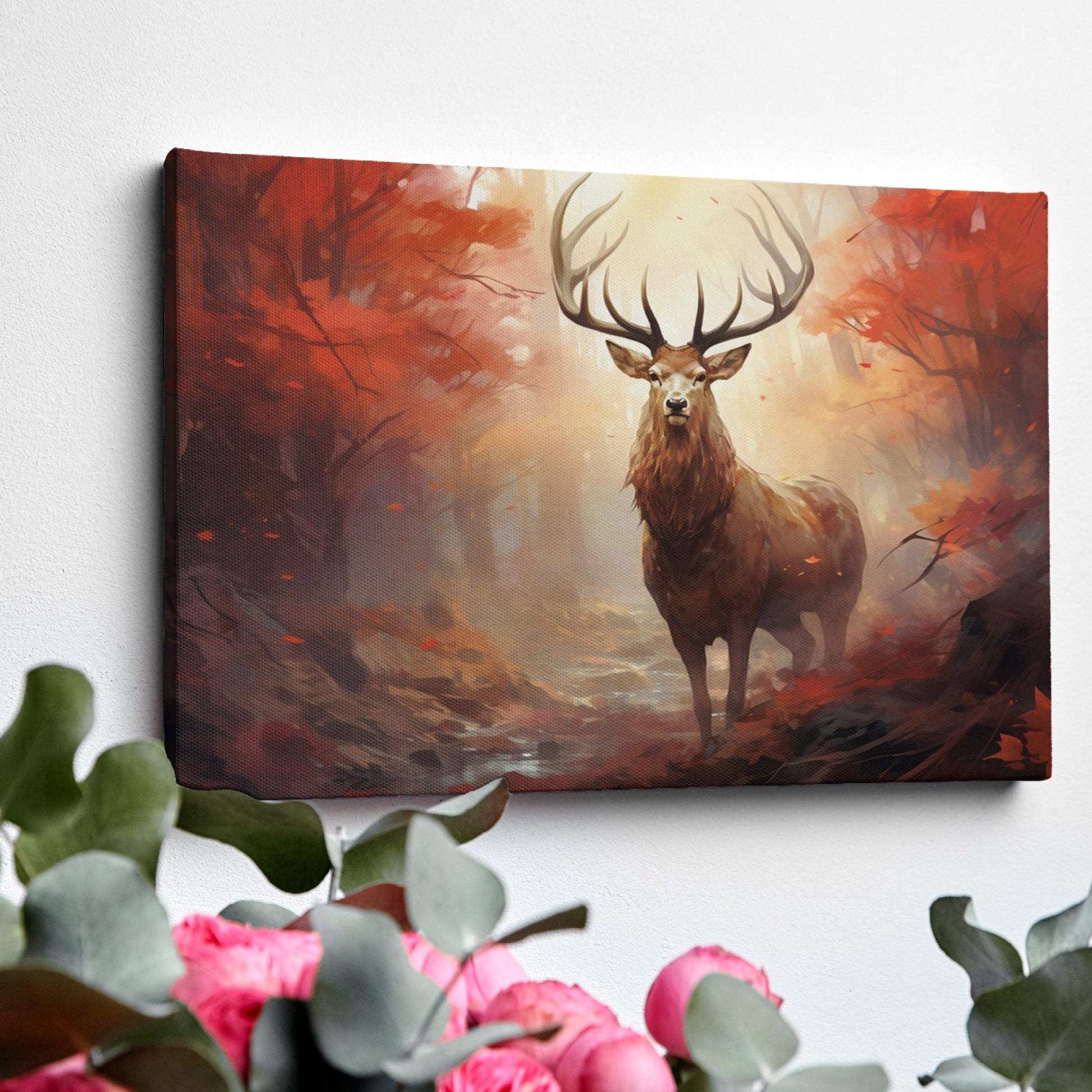 Framed canvas print of a majestic stag in an autumnal forest with red leaves