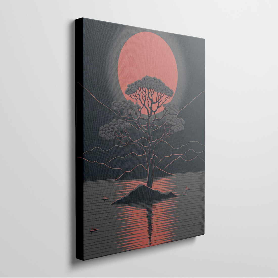 Stylized graphic of a solitary tree against a large red moon with its reflection on a ripple-patterned lake