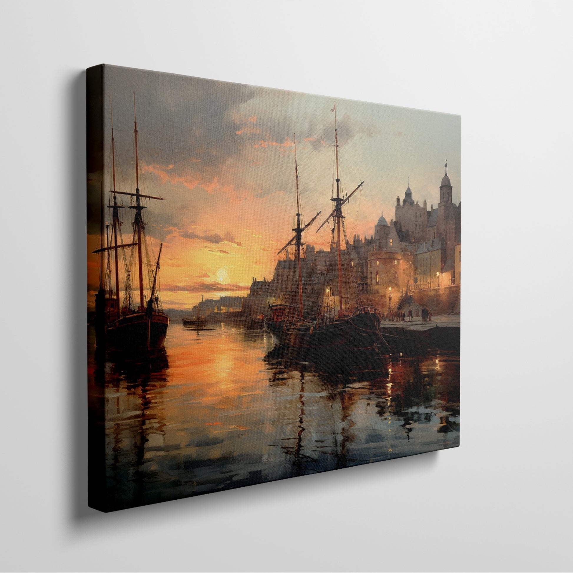 Framed canvas print of a sunset over a historic harbour with vintage ships