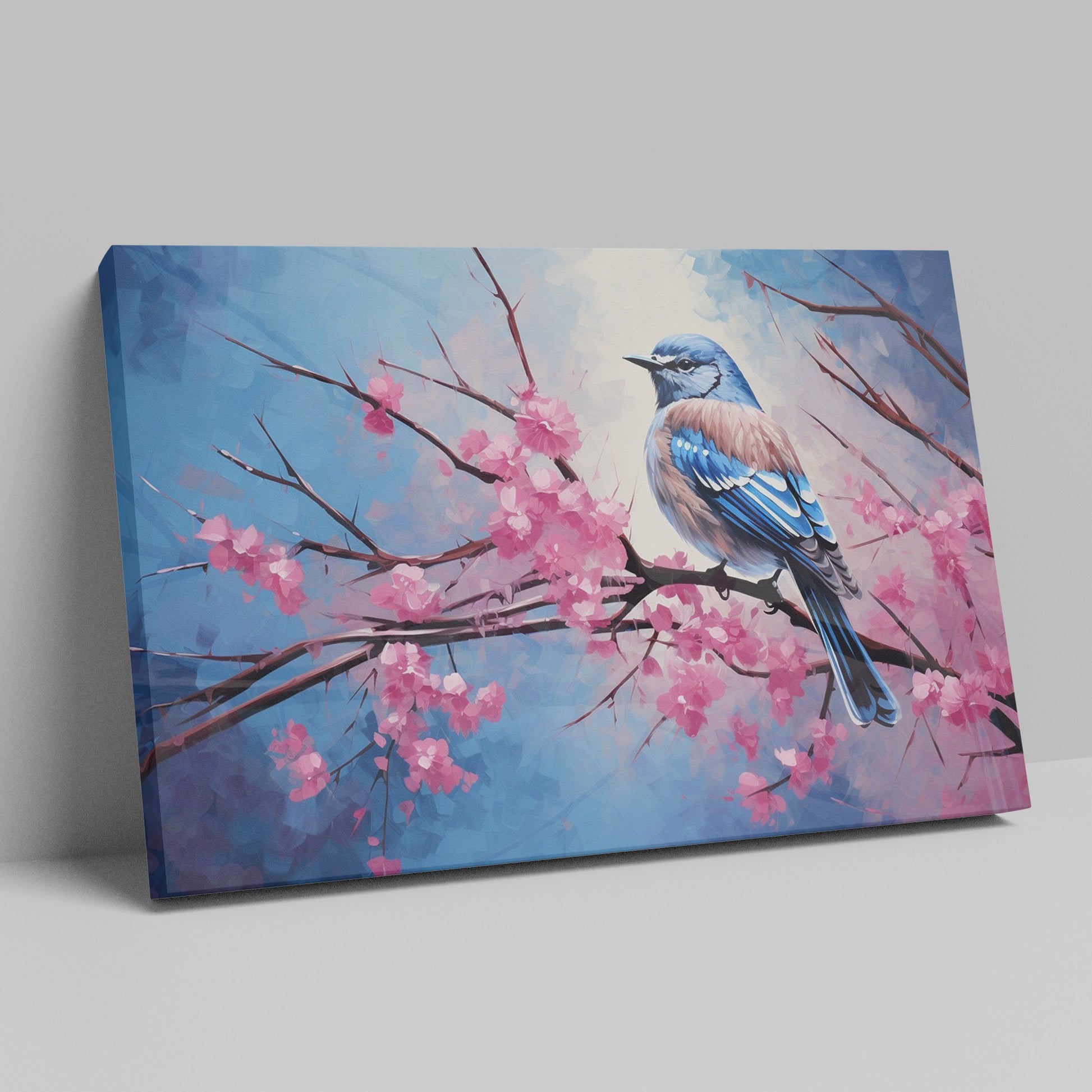 Framed canvas print of a bluebird perched on cherry blossom branches, with vibrant blue and pink hues