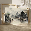 Framed canvas print of a mist-covered ancient Chinese scene with pagodas and figures