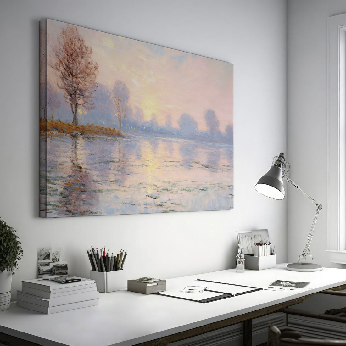Impressionist painting of a sunset over a river with trees and reflections in pastel colors