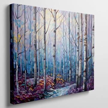 Framed canvas print of a stylised geometric birch forest in vibrant blue, purple, and yellow tones