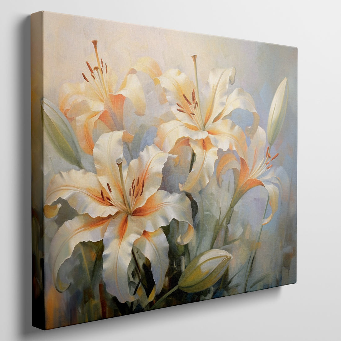 Framed canvas print of impressionist style lilies with soft pastel hues