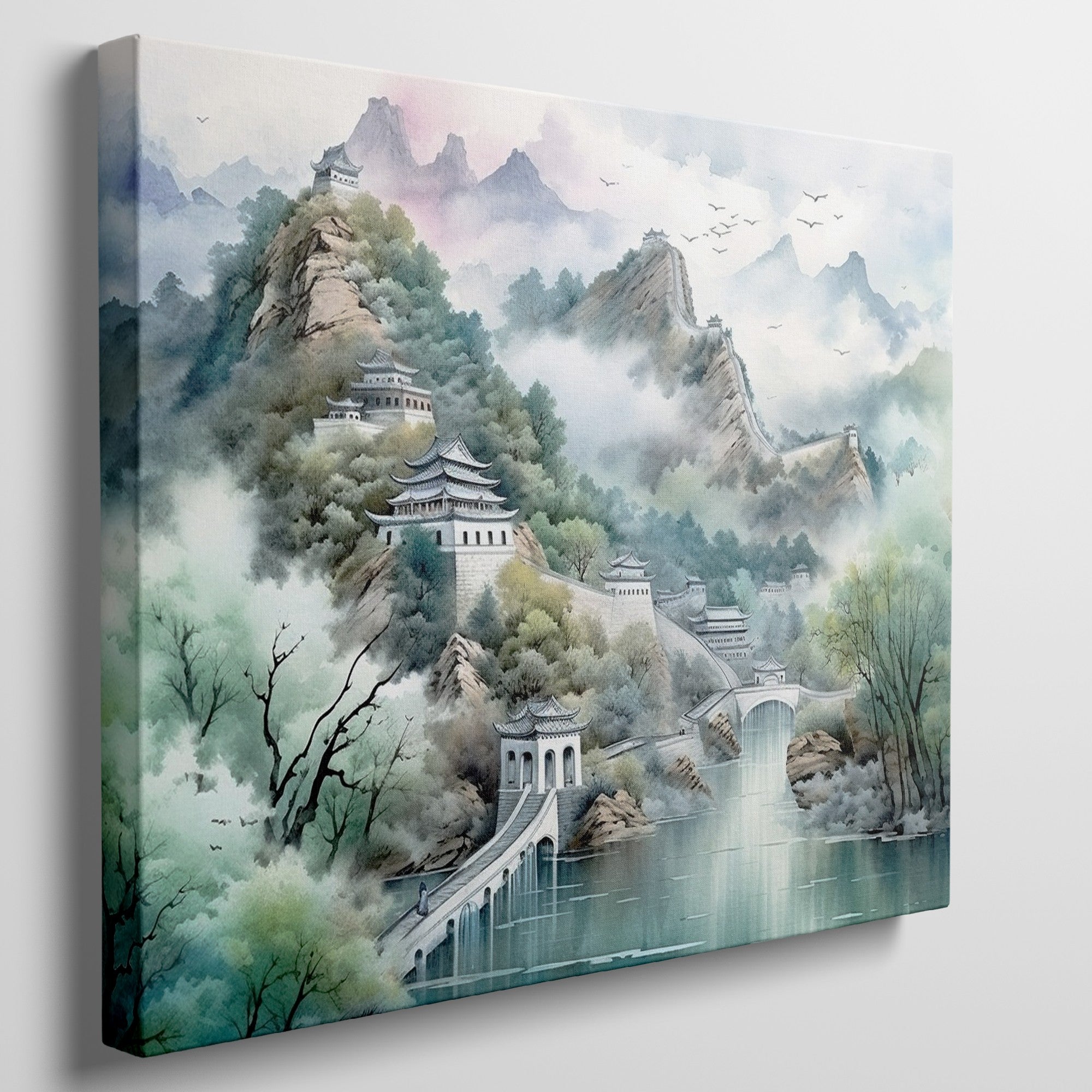 Framed canvas print of a tranquil Chinese landscape with misty mountains and historical architecture