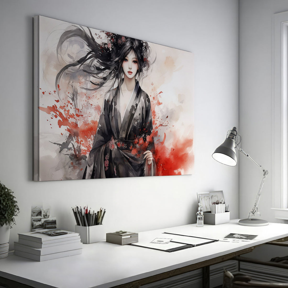 Framed canvas print of an ethereal geisha in ink and watercolour with red splashes