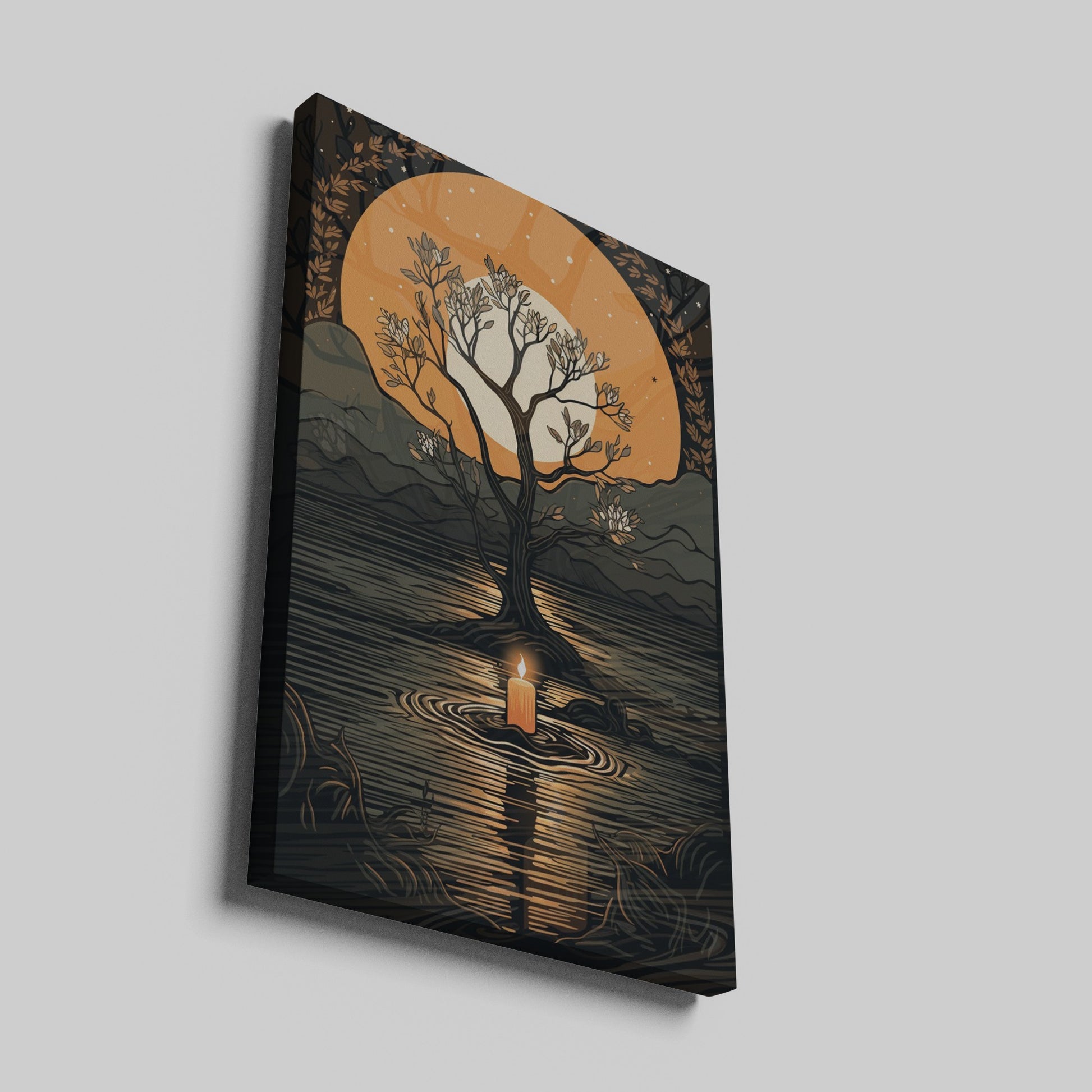 Stylized artwork of a tree against a large orange moon with a candle reflected on water