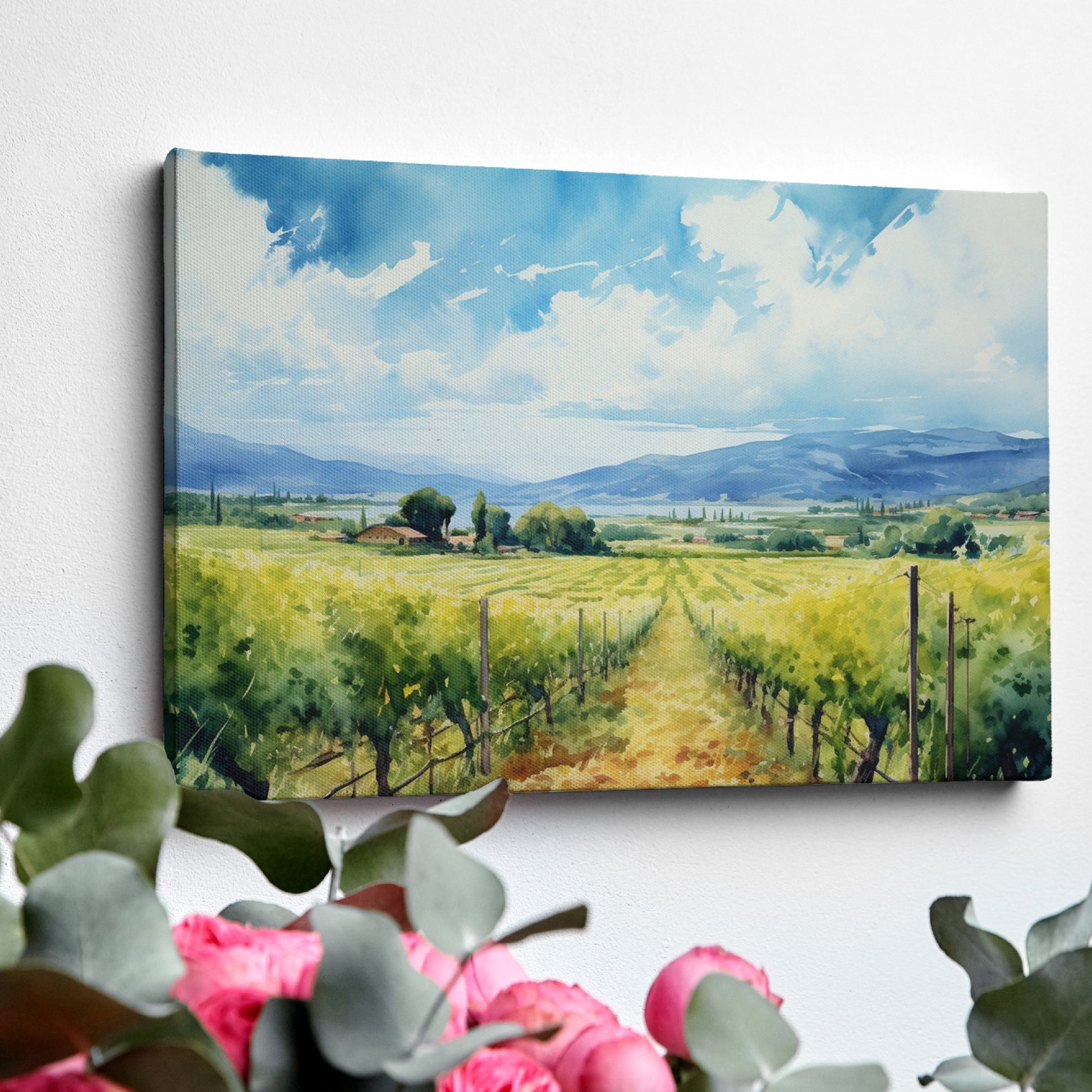 Framed canvas print of a scenic watercolor vineyard landscape with lush greenery and open sky