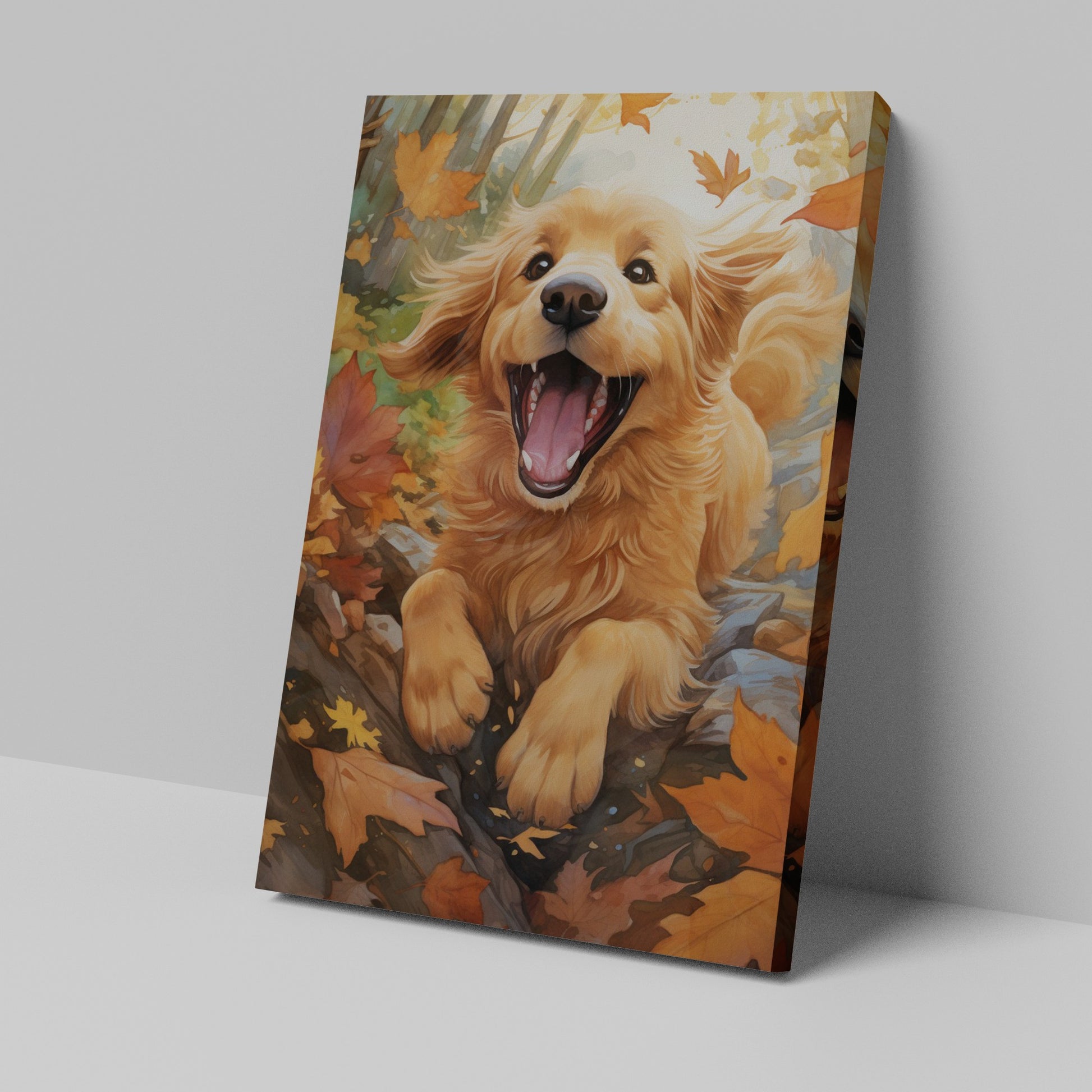 Framed canvas print of a joyful Golden Retriever surrounded by autumn leaves