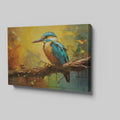 Framed canvas print of a vibrant, colourful impressionistic kingfisher perched on a branch