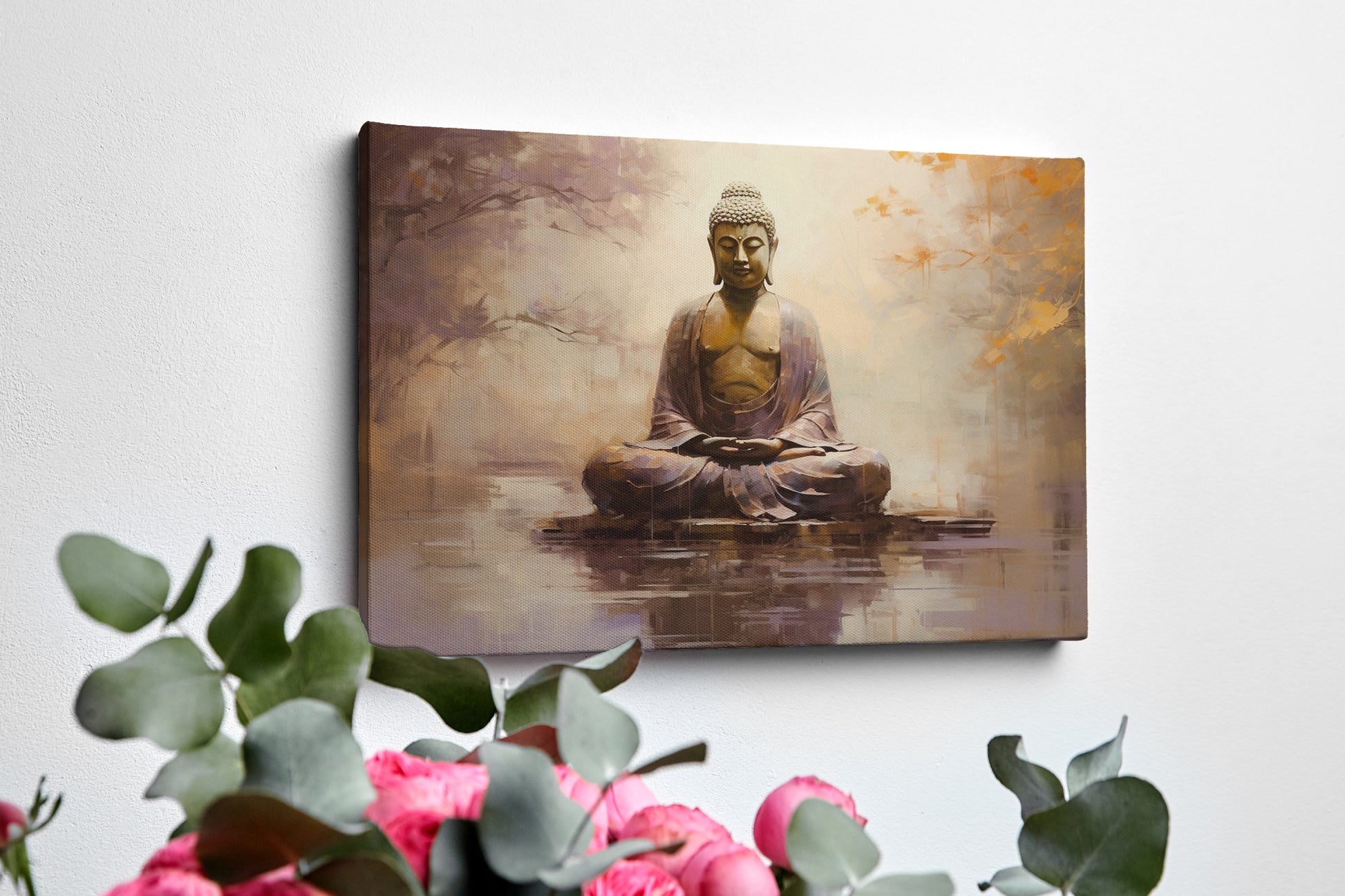 Framed canvas print of a serene Buddha statue with autumnal colours and water reflection