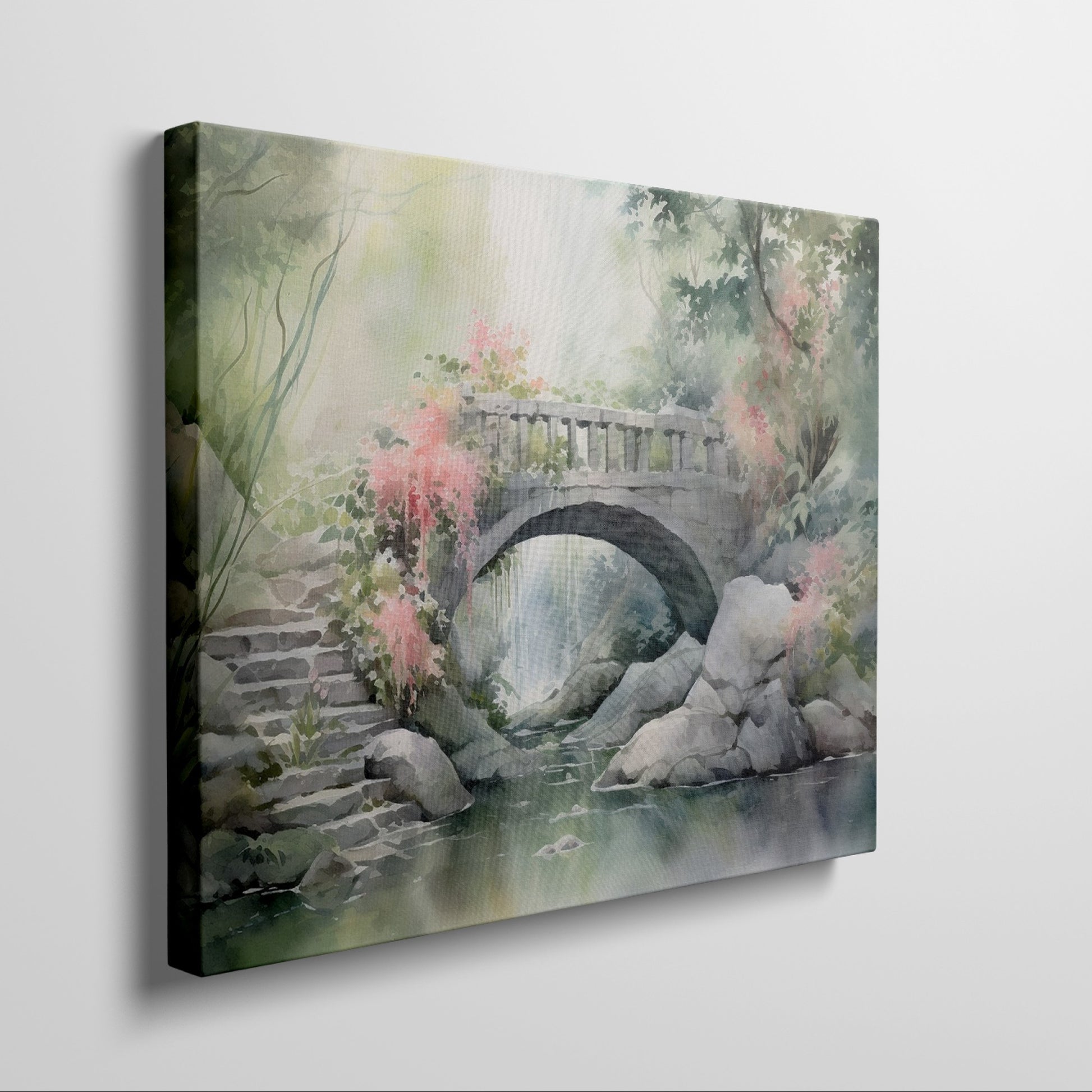 Framed canvas print of a serene stone bridge over a stream in a misty garden with lush greenery and flowering plants