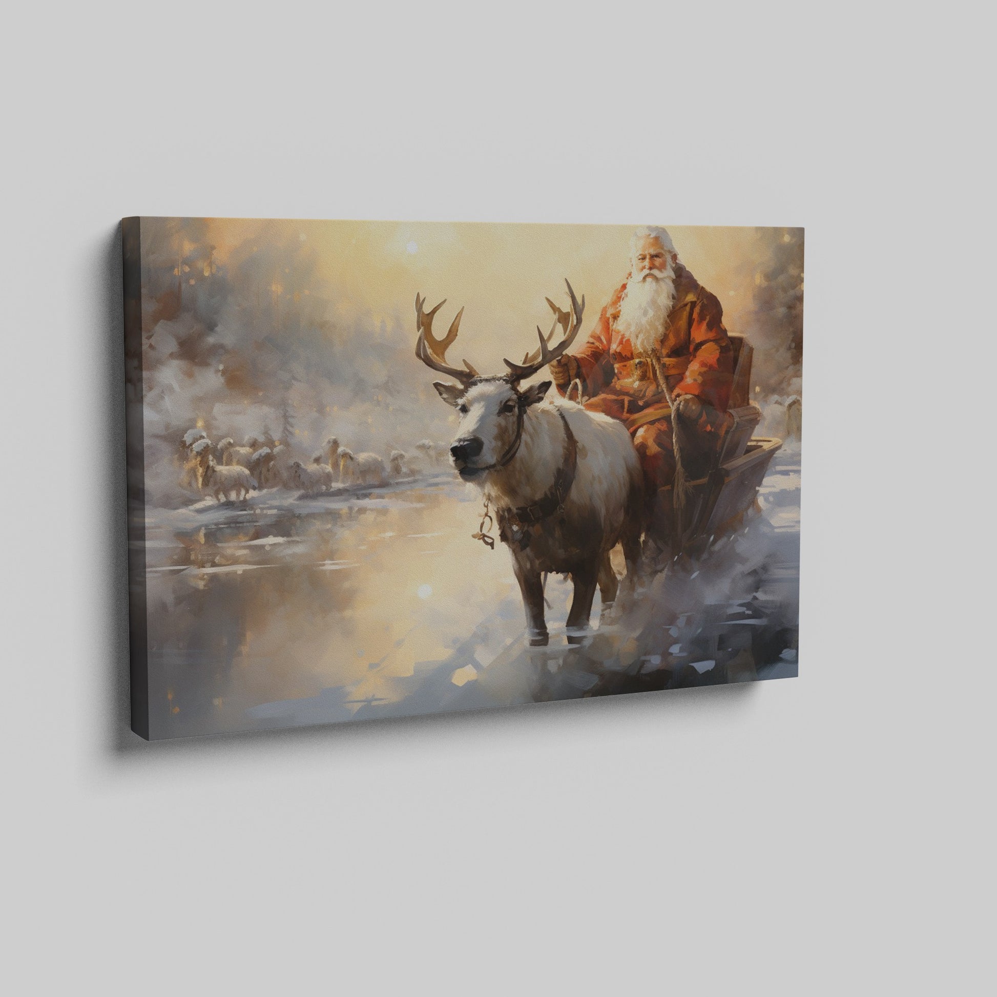 Framed canvas print of a mythical figure in red with a reindeer in a warm, snowy sunset landscape