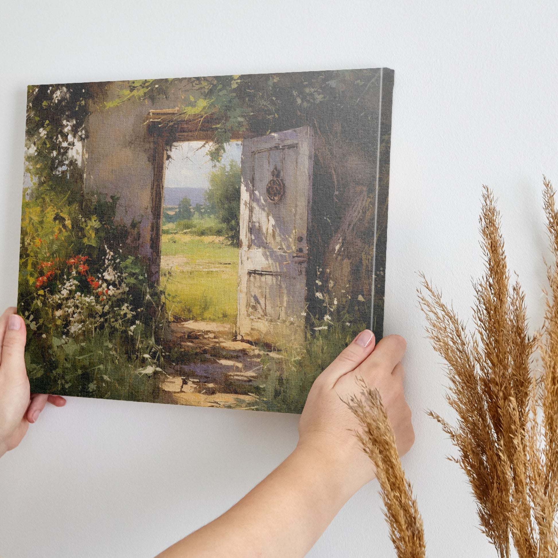 Framed canvas print of a vintage impressionist painting featuring a rustic doorway with blooming wildflowers leading to sunny countryside