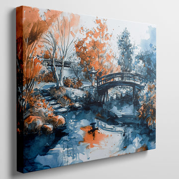 Framed canvas print of an Oriental garden scene with a bridge over water in autumnal hues of orange and blue