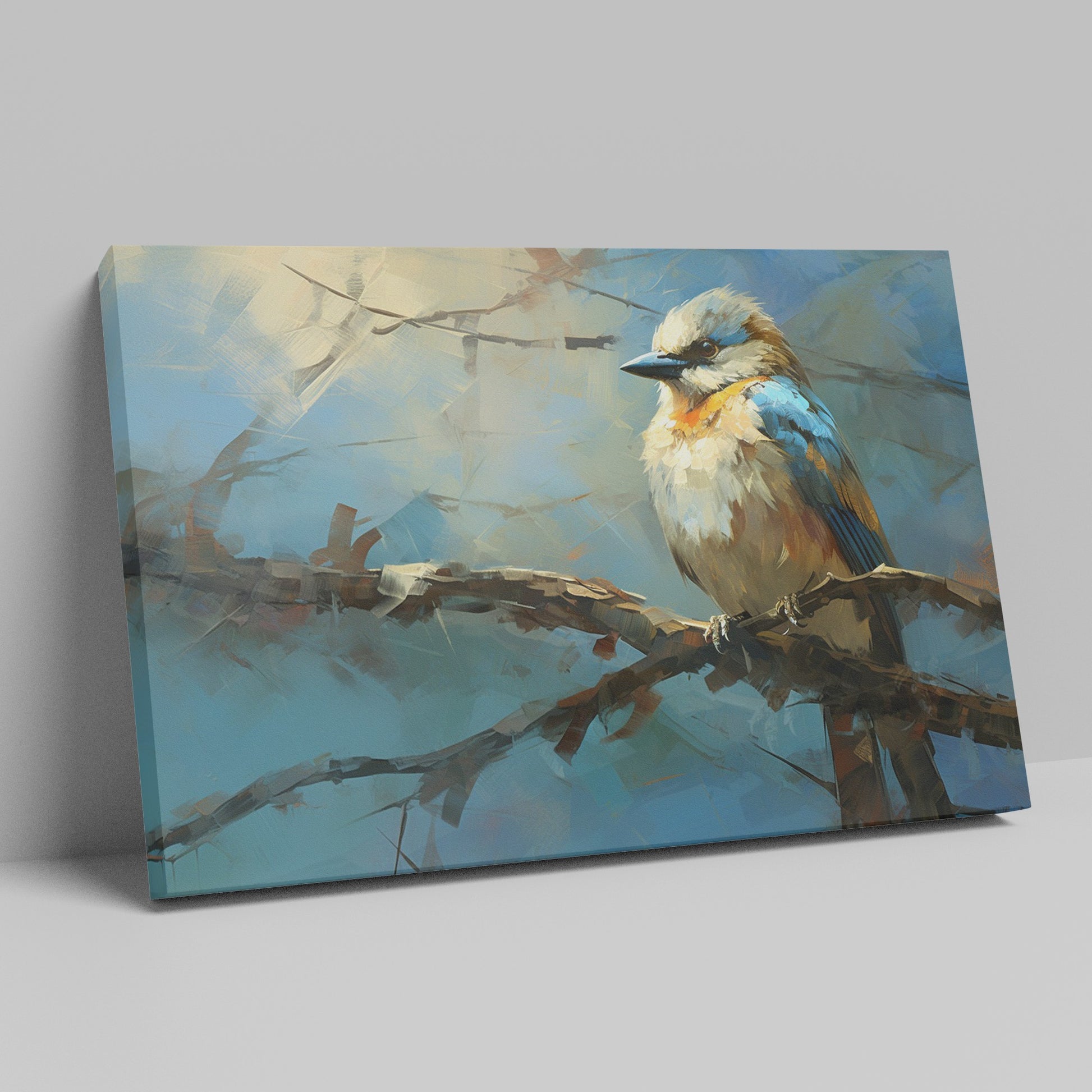 Framed canvas print of a vibrant impressionistic blue bird on a branch with a textured background