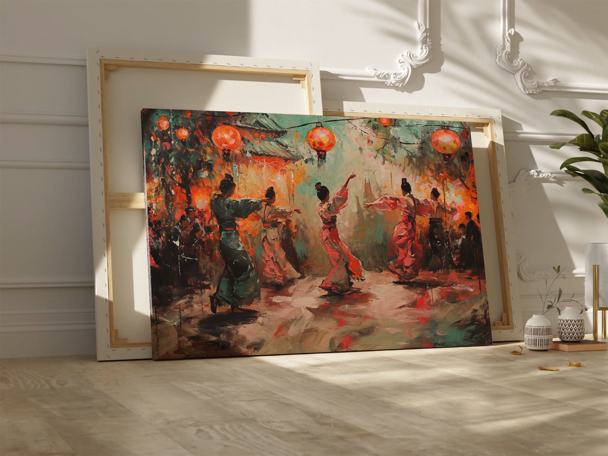 Framed canvas print of traditional dance scene with Chinese lanterns and vibrant abstract figures