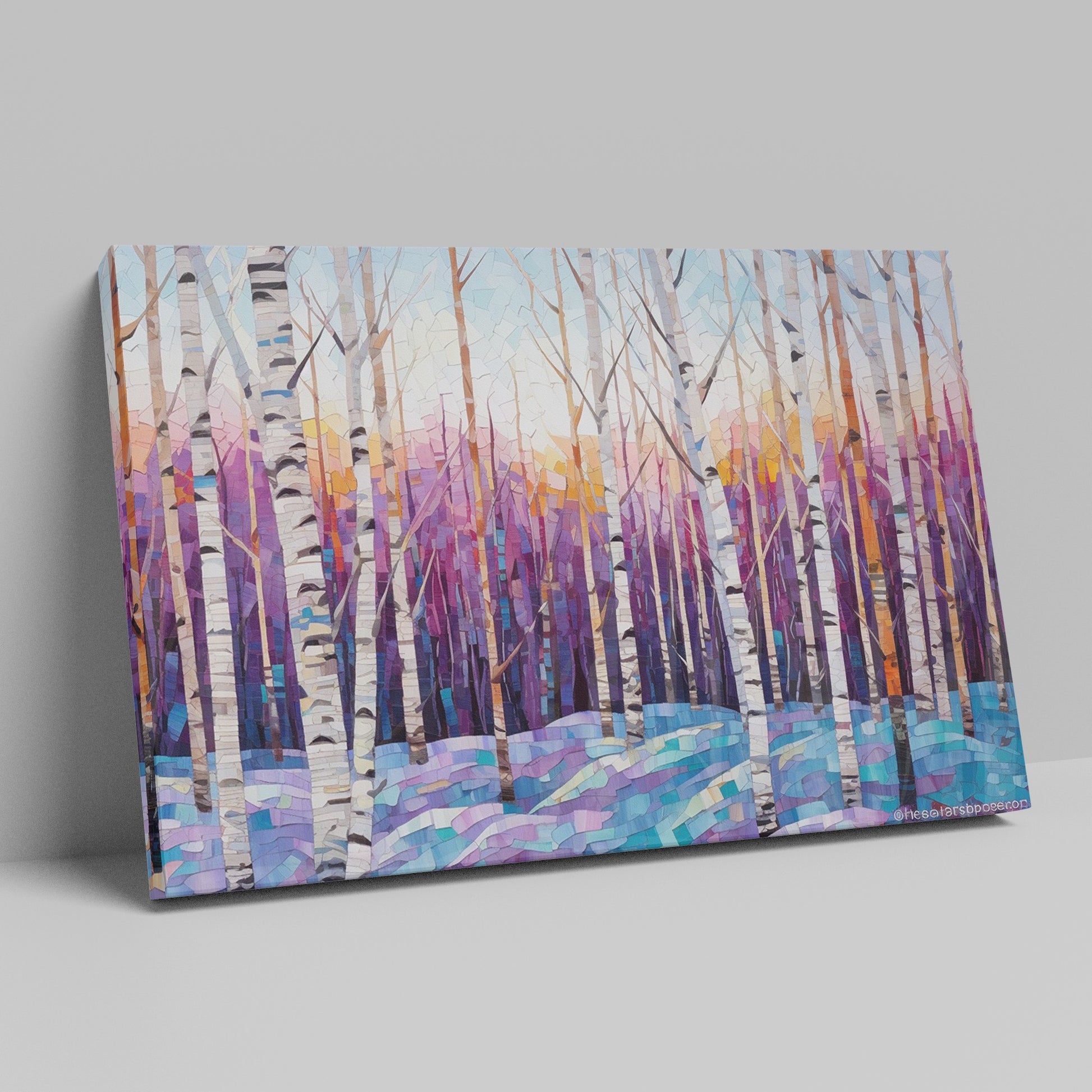 Framed canvas print of a vibrant geometric mosaic depicting an abstract birch forest with coloured leaves and sunset backdrop