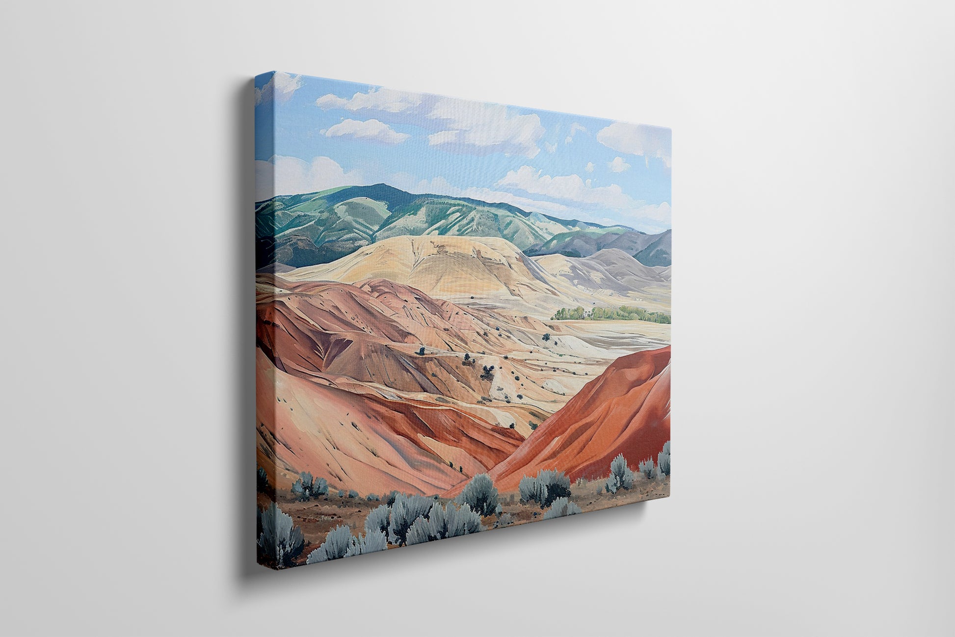 Framed canvas print of a serene and rustic painted hills landscape