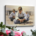 Framed canvas print of young karate students practicing in a dojo setting with warm neutral tones