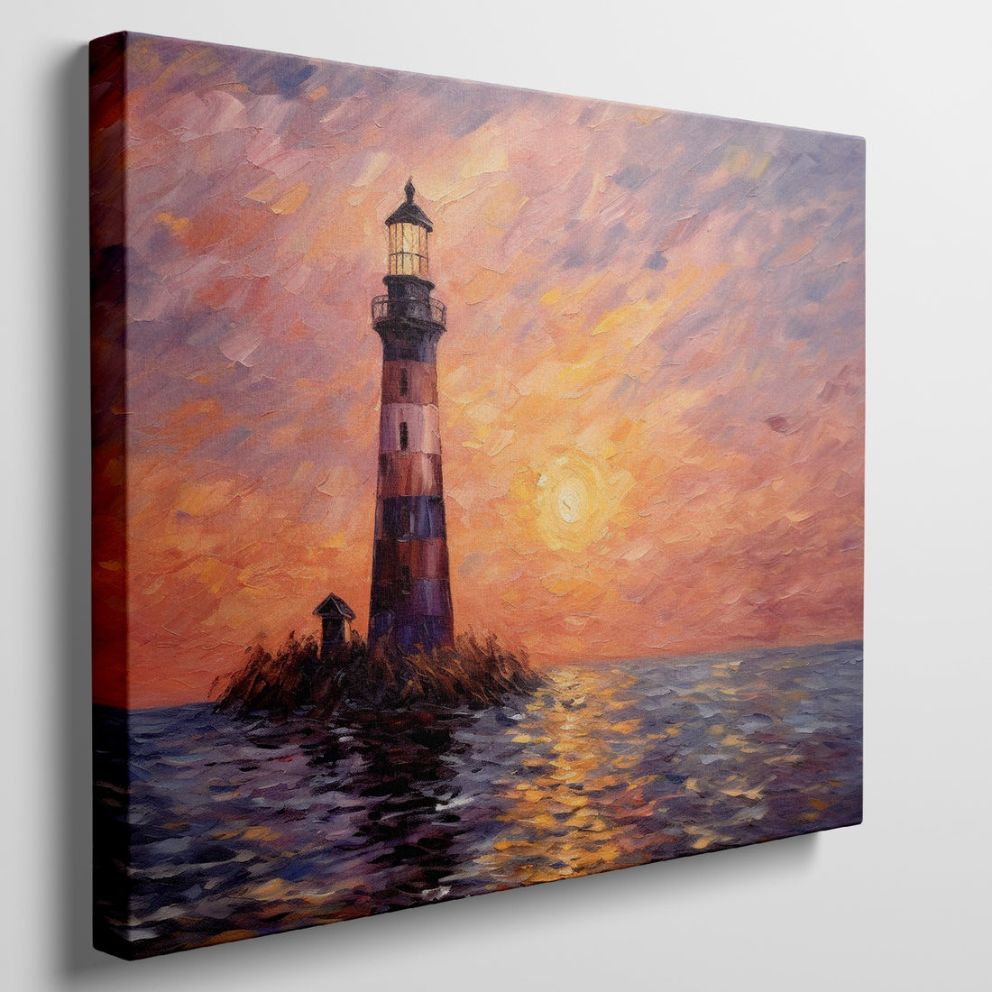 Impressionistic painting of a lighthouse at sunset with orange sky and blue sea