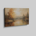 Impressionist painting of a lake with autumn trees and calm water reflections in warm golden and brown tones