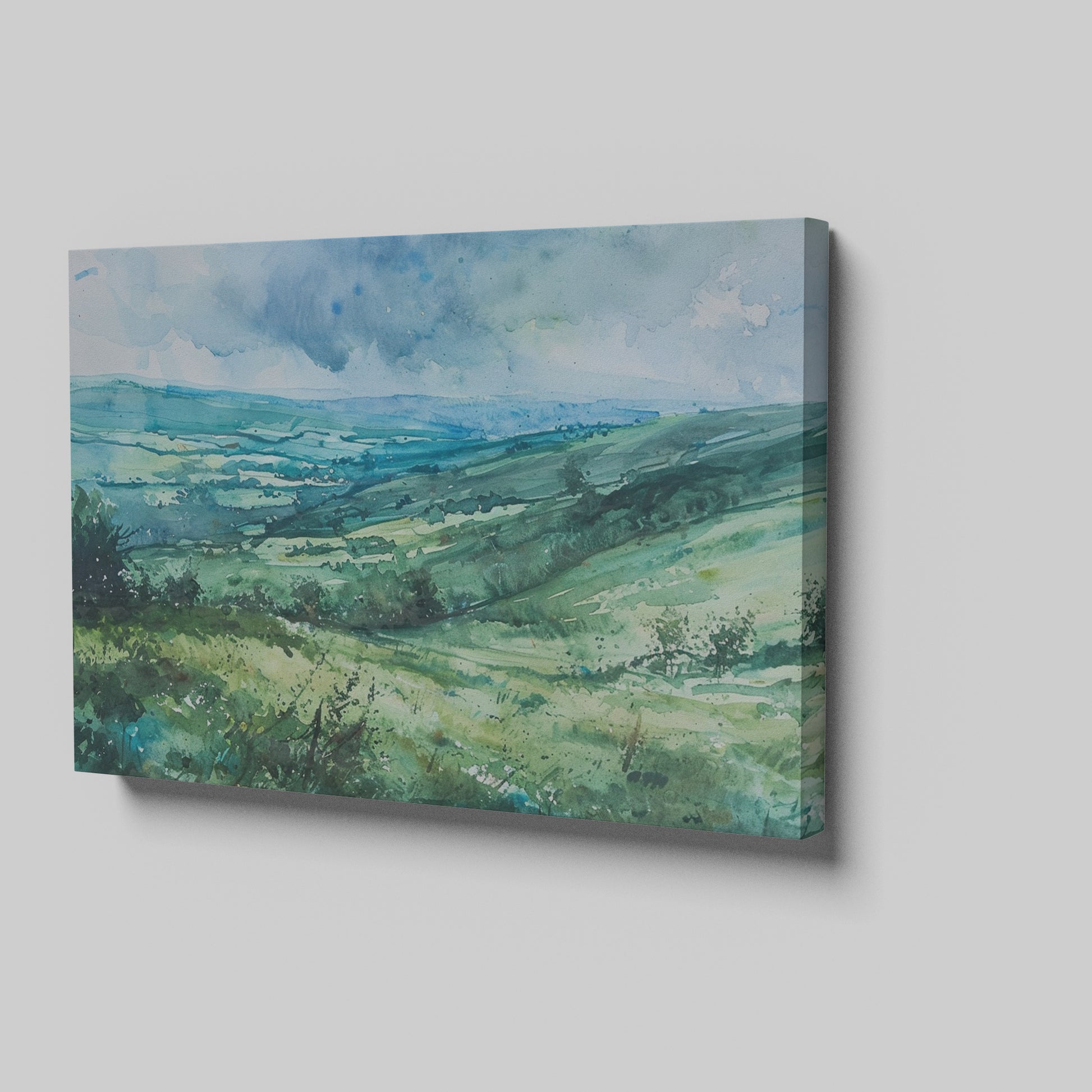 Framed canvas print of a watercolour countryside landscape with green rolling hills and vibrant skies