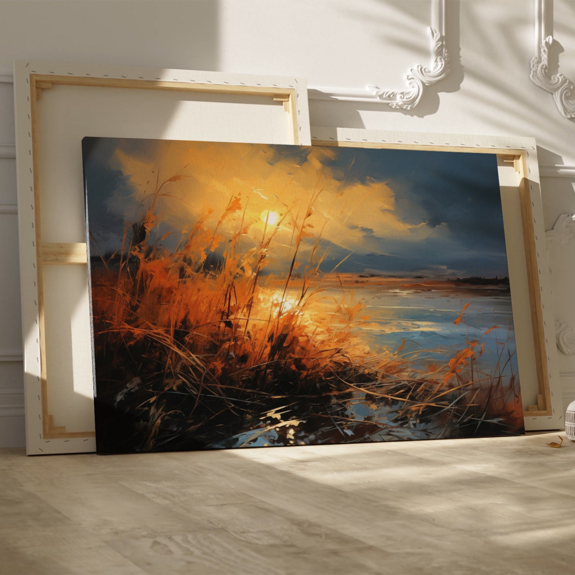 Framed canvas print of impressionist sunset with vivid brushstrokes in golden and blue