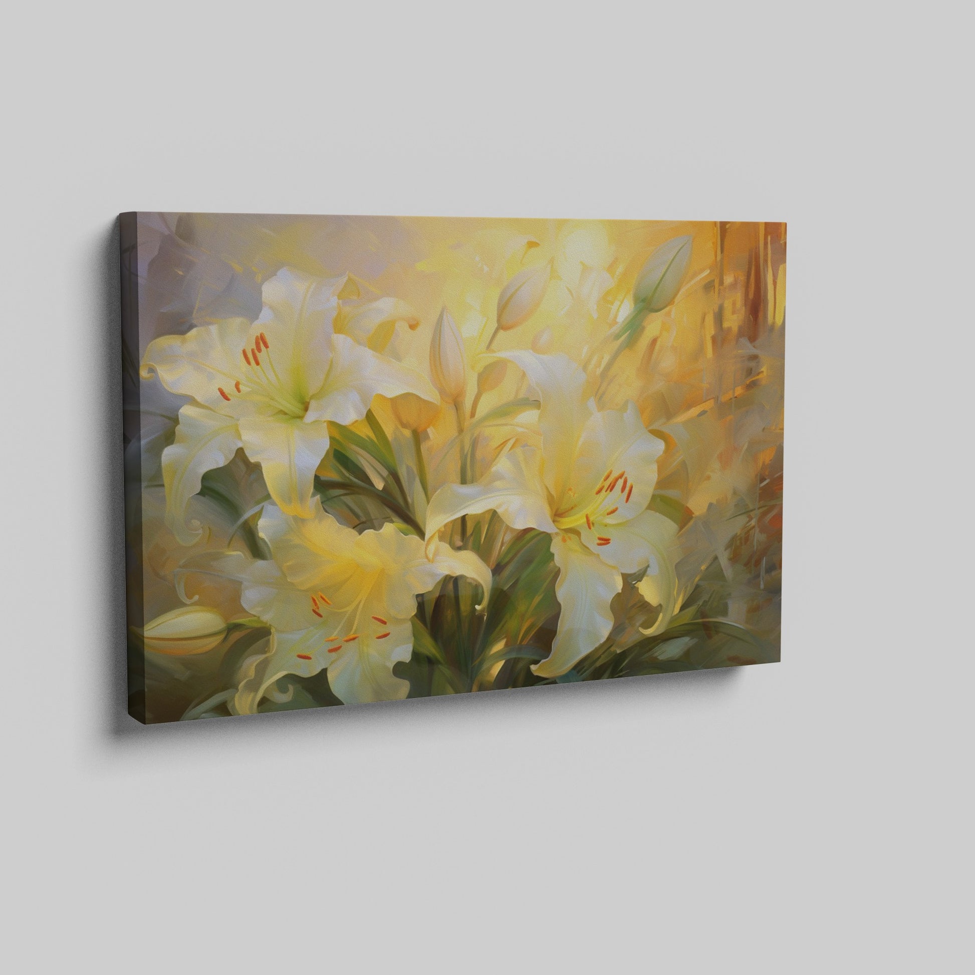 Framed canvas print of impressionist lilies in warm shades of yellow and cream