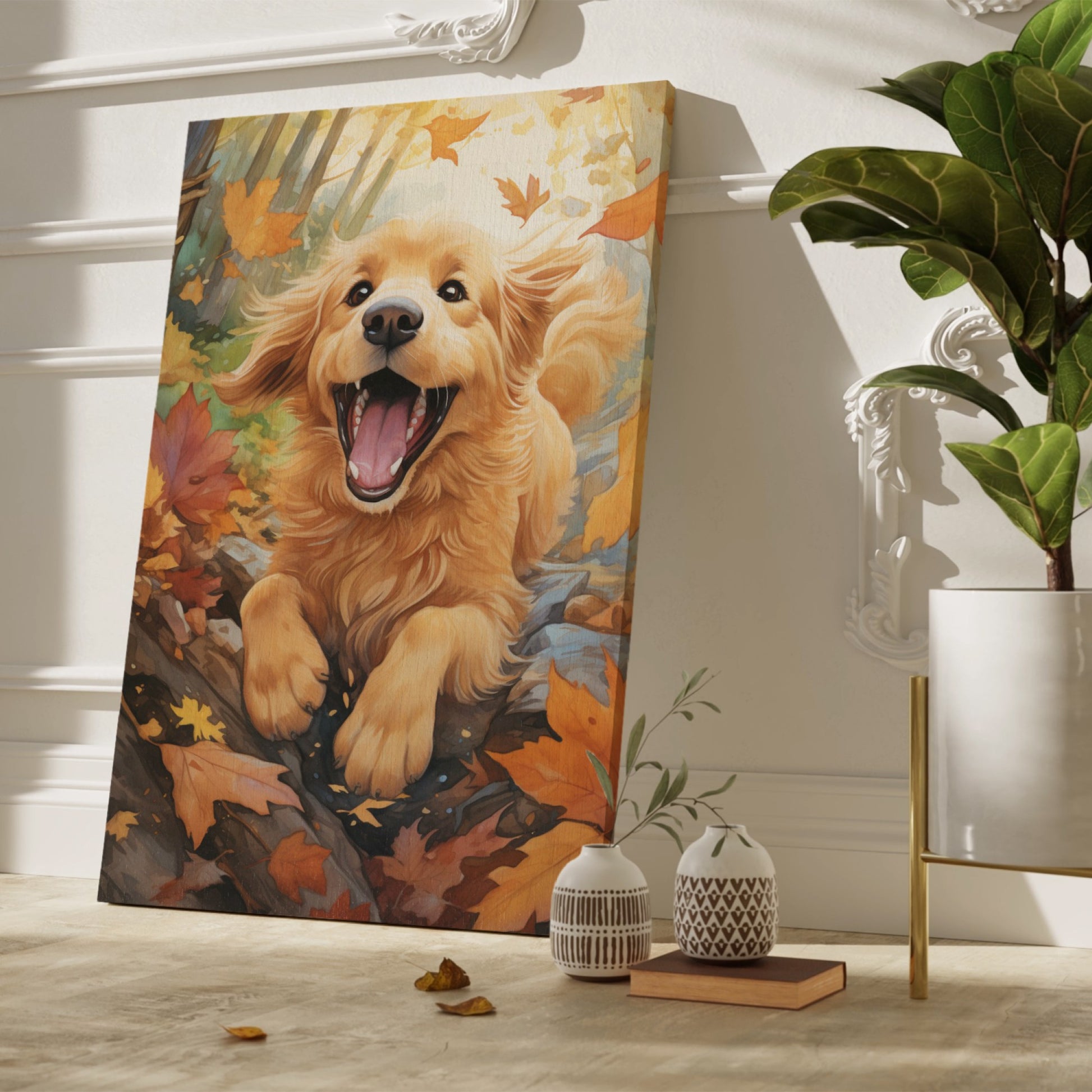 Framed canvas print of a joyful Golden Retriever surrounded by autumn leaves