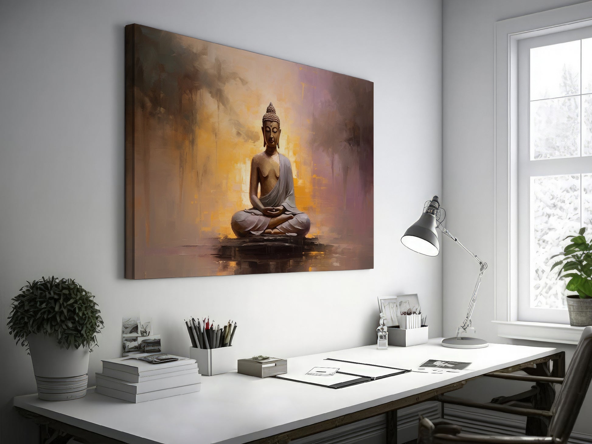 Framed canvas print of serene Buddha in meditation with abstract warm background