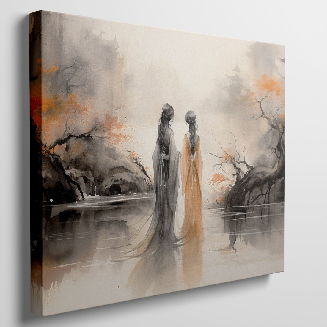 Framed canvas print of oriental ink wash painting with misty landscape and autumn hues