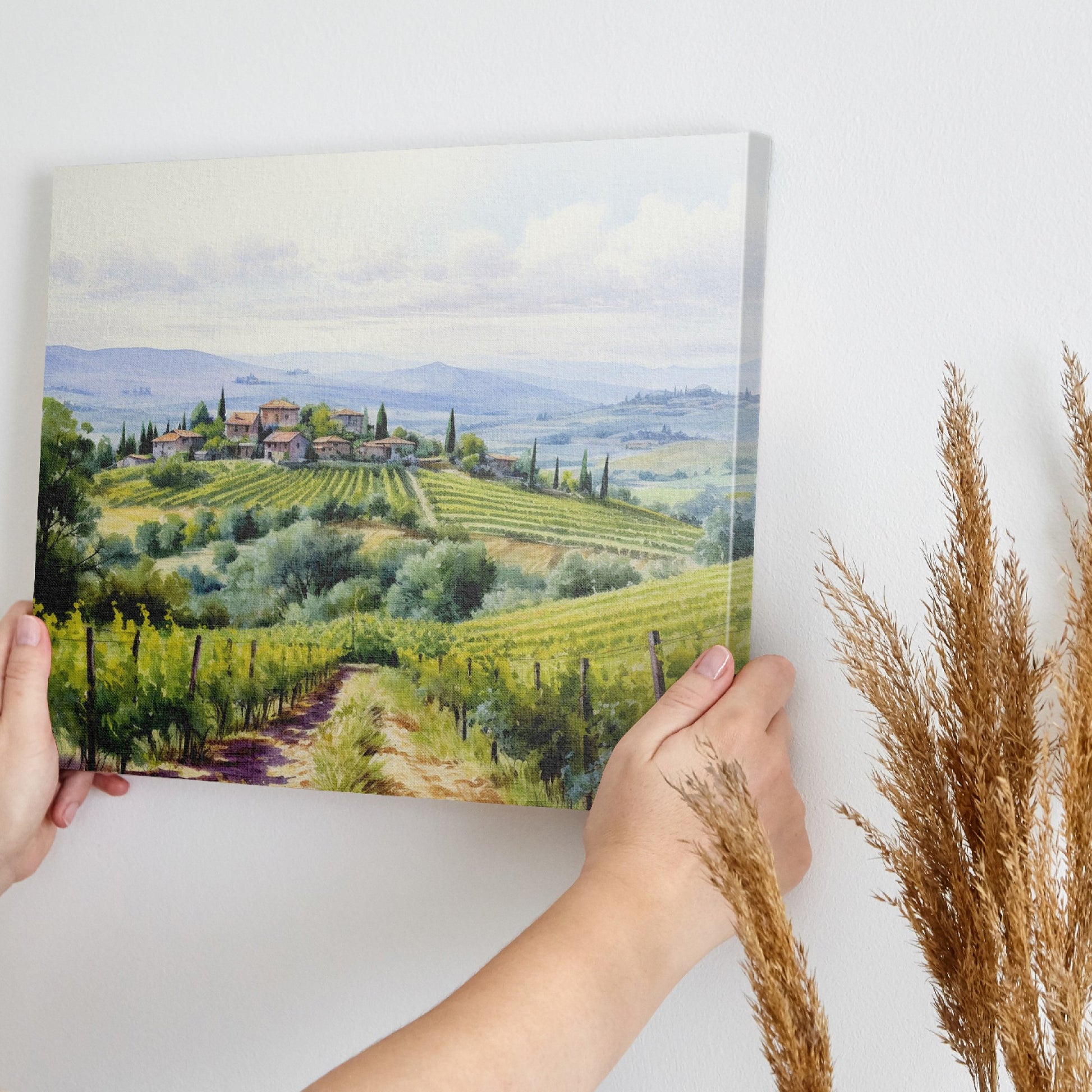 Framed canvas print of a Tuscan countryside panorama with a vineyard and rolling hills in watercolor style