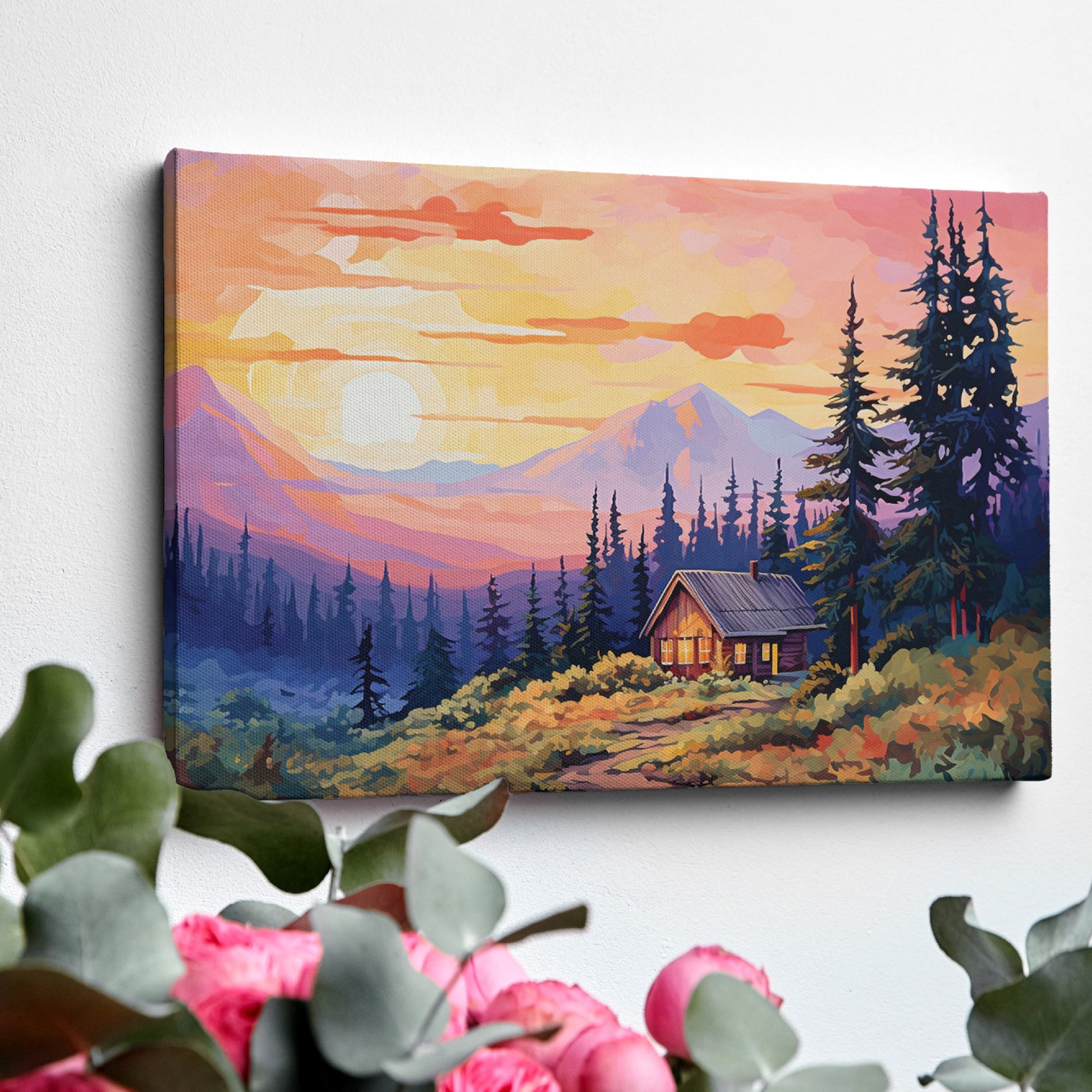 Framed canvas print of a colorful rustic cabin at sunset with vibrant sky and mountain background