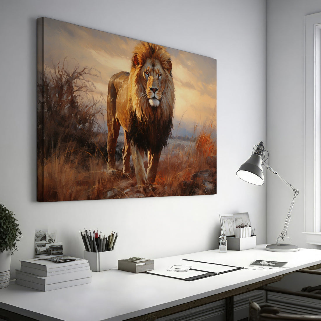 Framed canvas print of a realistic lion amidst a warm-toned African savannah landscape