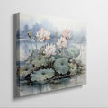 Framed canvas print of serene lotus pond with blooming flowers and gentle hues