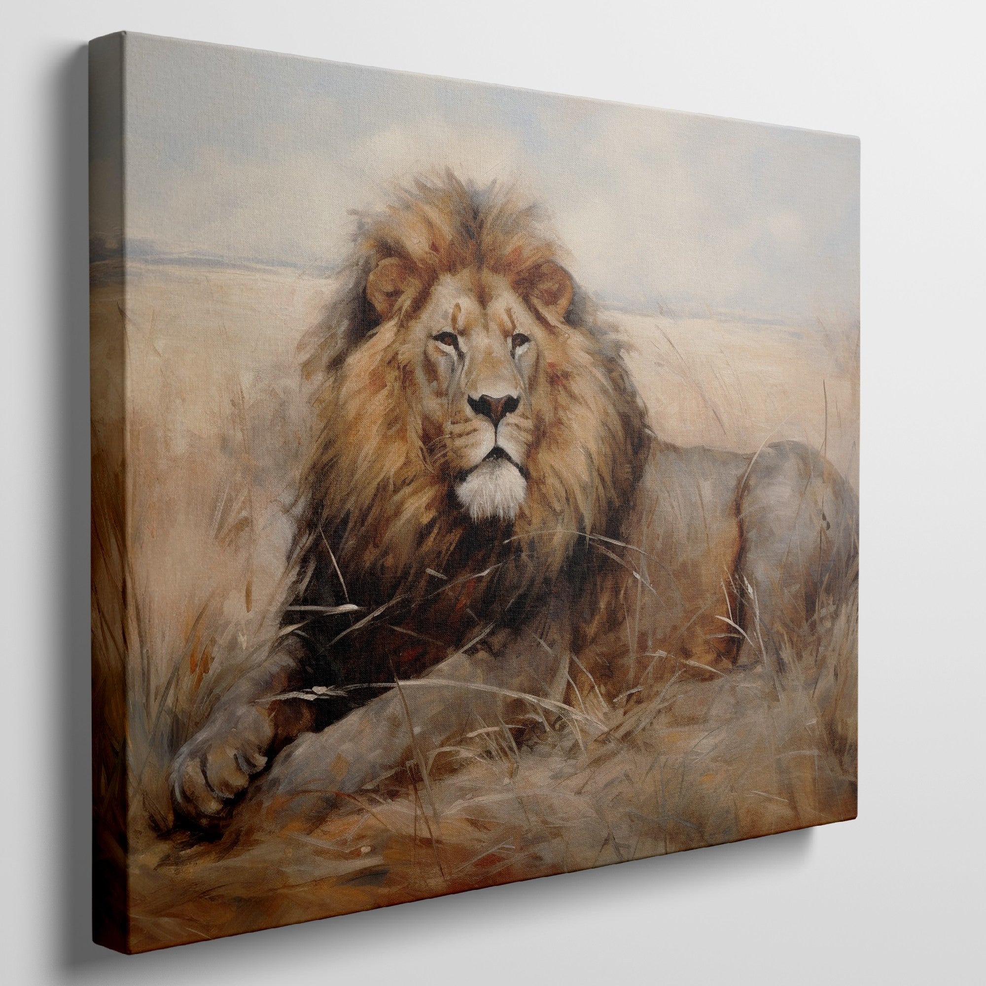 Framed canvas print of a realistic lion resting in the golden savannah