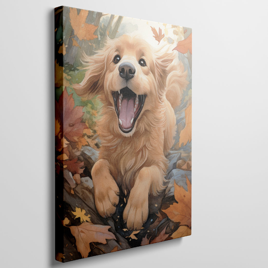 Framed canvas print of a joyful Golden Retriever surrounded by autumn leaves