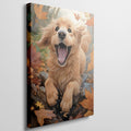 Framed canvas print of a joyful Golden Retriever surrounded by autumn leaves