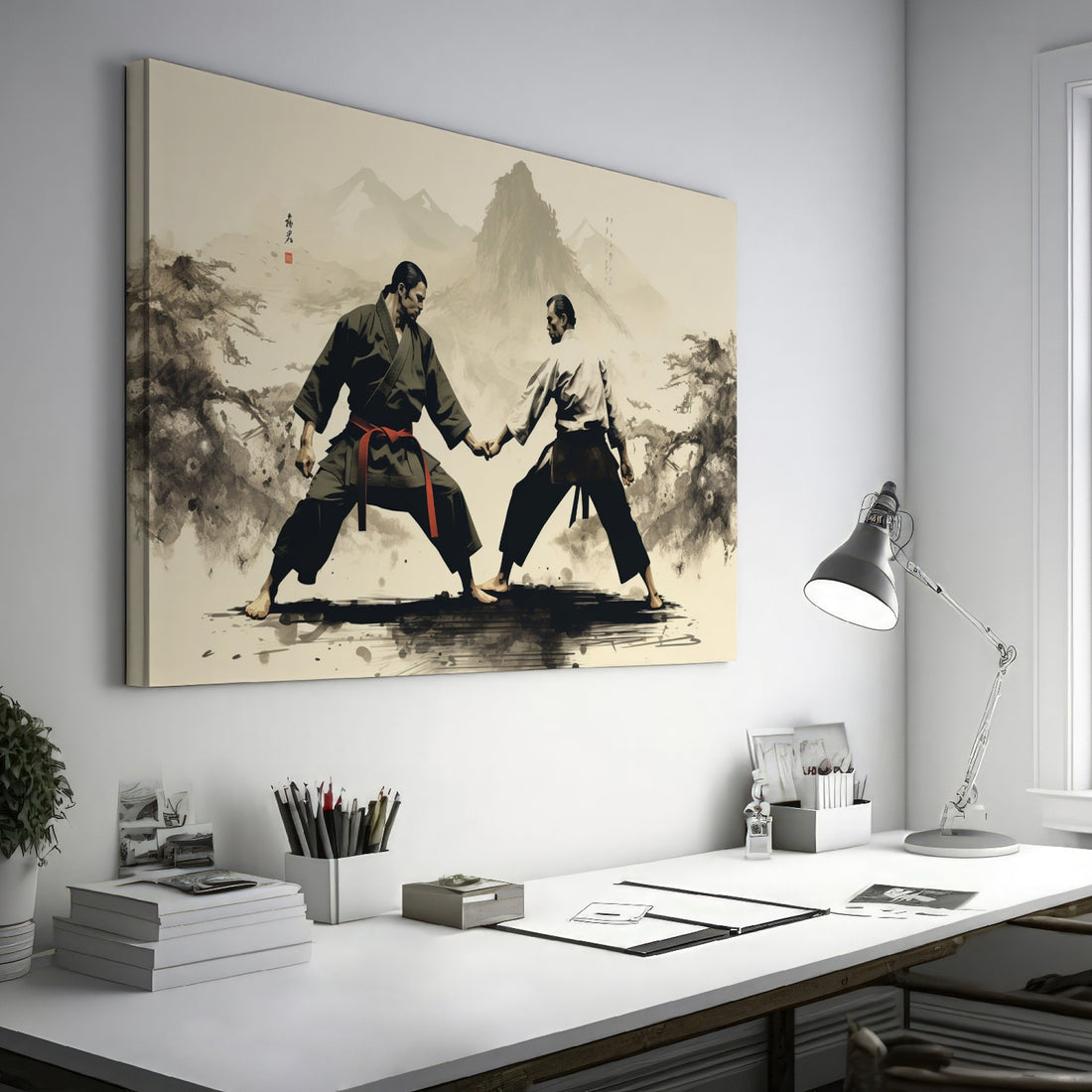 Framed canvas print of a stylised martial arts duel between two Samurai warriors in traditional attire, with Japanese cultural elements and a tranquil landscape