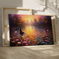 Framed canvas print of tranquil sunset over a lake with a thoughtful woman and colourful water lilies