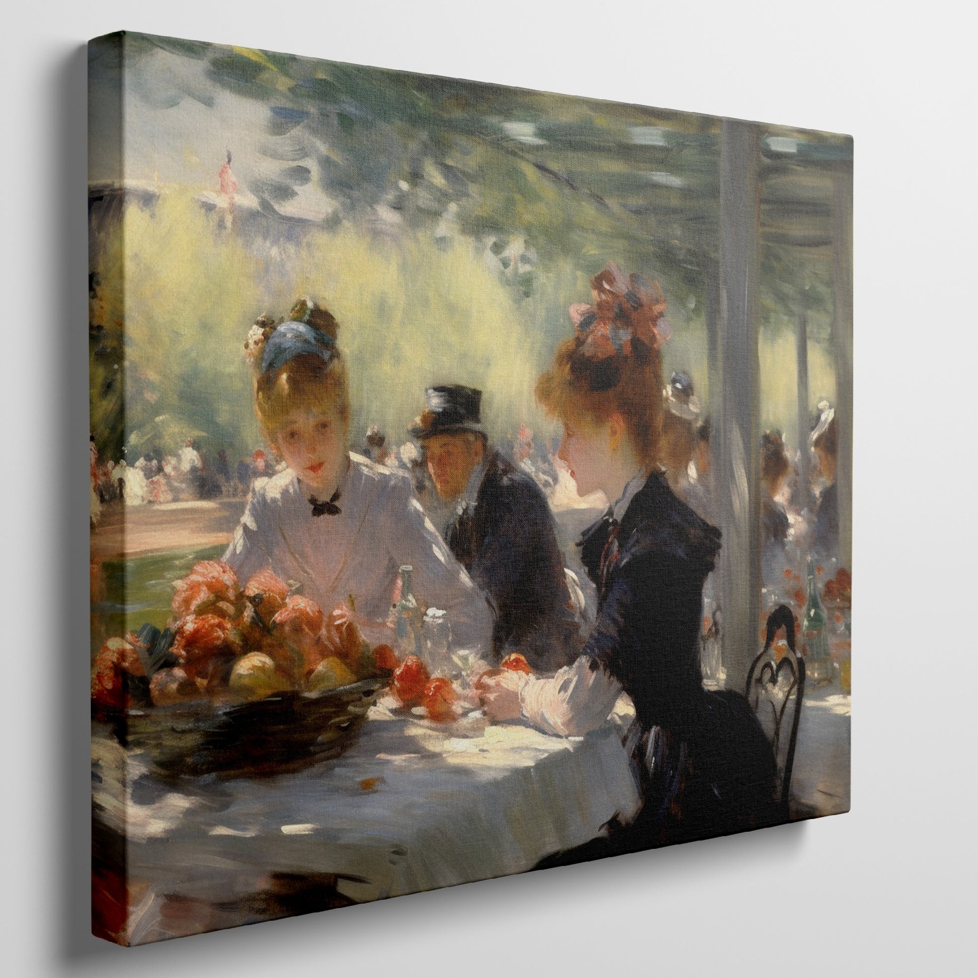 Framed canvas print of a 19th-century Impressionist dining scene with figures in elegant attire.