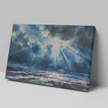 Watercolor canvas print of sunbeams shining through clouds onto the ocean