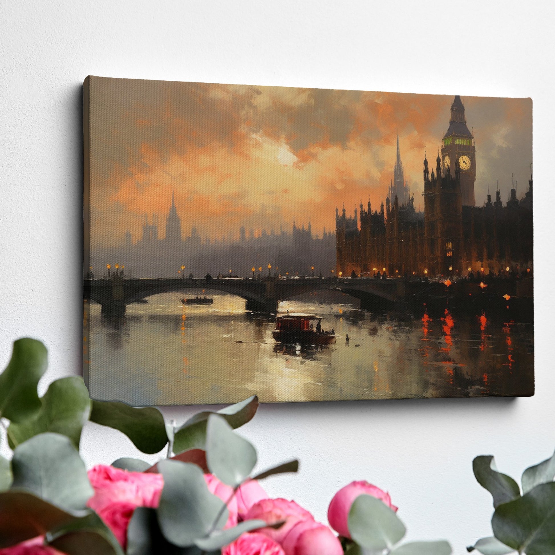 Framed canvas print of London's Westminster and Big Ben at sunset with orange and warm tones reflecting on the Thames River